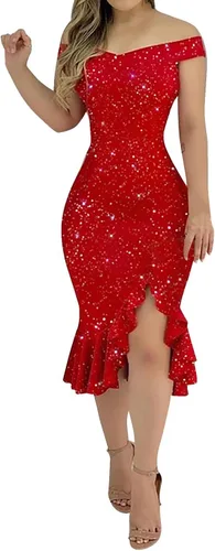 Vista 4 de Mini vestidos de verano para mujer, sexy, con hombros descubiertos, manga corta, con lentejuelas, volantes, irregulares, para cócteles