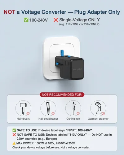 Vista 9 de BEONDON Adaptador de viaje universal, cargador USB-C de 25 W, enchufes de negro (Black-25)