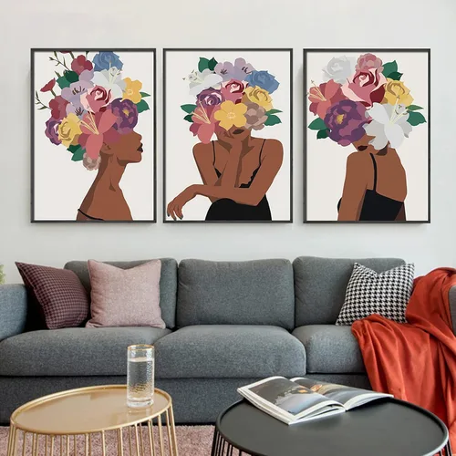 Vista 4 de Juego de 3 pinturas de pared afroamericanas con diseño de flores negras para mujer, diseño de cabeza negra, pintura en lienzo, cuadros sin marco