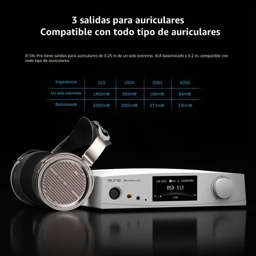 Vista 5 de aune S9c Pro DAC con amplificador de auriculares, entrada de reloj de 10 MHz, 32 bits/768 kHz/DSD512/MQA, chip de doble DAC, conector 6.35/XLR/4.4