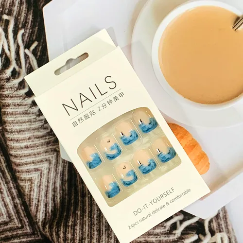 Vista 6 de Uñas postizas a presión de longitud corta, 24 piezas de cobertura completa, reutilizables, brillantes, uñas postizas con pegamento, uñas postizas