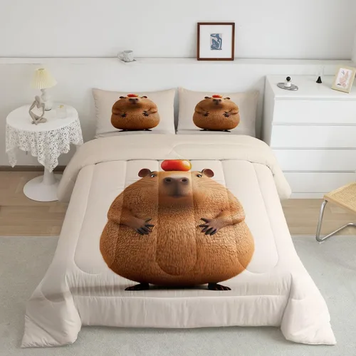 Vista 14 de Erosebridal Juego de edredón tamaño individual de animales del bosque, juego de ropa de cama de oso marrón para niños y niñas, edredón de plumón