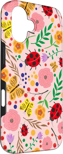 Vista 3 de iPhone 16 Cute Ladybugs Flowers Pink Pattern Bouquet Lover Cell Phone Case
