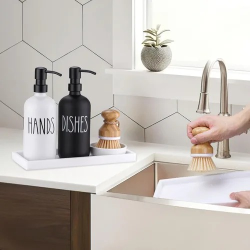 Vista 7 de Dispensador de Jabón de Vidrio para Cocina, Juego de Dispensador de Jabón para Platos y Jabón de Mano, Juego de Dispensador de Loción de Jabón