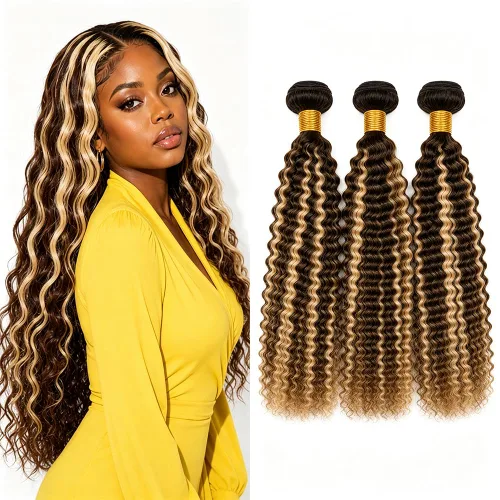 Vista 272 de P4613 Cabello humano rizado onda profunda marrón y paquetes mixtos 8 10 12 P4613 Ombre Marrón-Rubio-DP
