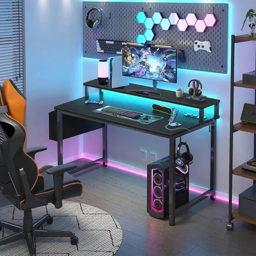 Vista 2 de Lufeiya Escritorio pequeño con tomas de corriente y luces LED, mesa de estudio de escritura para adolescentes de 32 pulgadas, escritorio para Negro