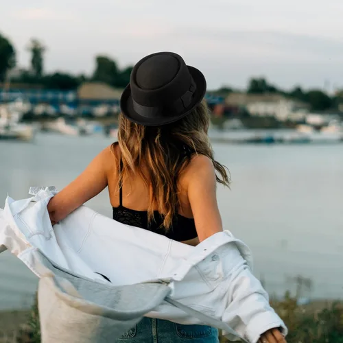 Vista 7 de Pork Pie Hats for MenWomen, 100% Wool Felt Hat Stout Porkpie Breaking Bad Hat Flat Top Fedora Hats Boater Derby Crushable
