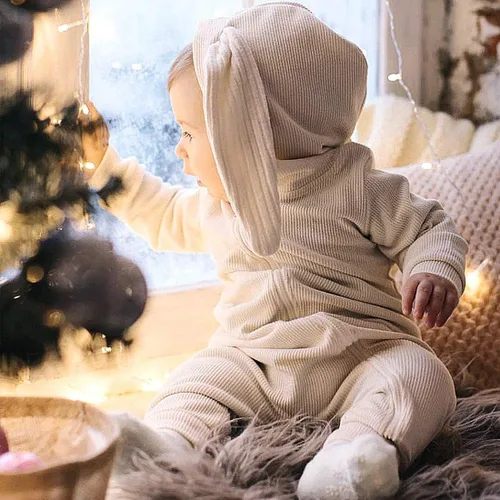 Vista 2 de Simplee Kids Enterizo con diseño de conejo de Pascua con capucha, para bebé, overol con cremallera y orejas largas