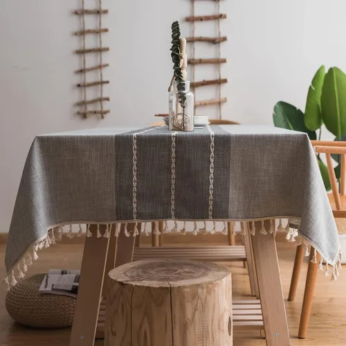 Vista 12 de Mantel rústico bordado con borla, lino de algodón sin arrugas, antidecoloración, lavable, a prueba de polvo, para comedor, cocina, fiesta, Azul
