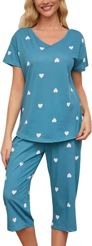 Vista 36 de ENJOYNIGHT Conjuntos de pijama de algodón para mujer, pijamas de verano con pantalones capri, ropa de dormir Gato negro