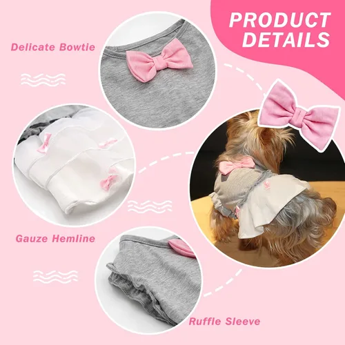 Vista 2 de KYEESE Vestido para perros gris con corbatín rosa para mascotas, ropa para cachorros para perros pequeños, falda para perros