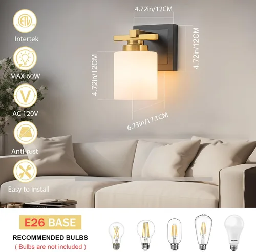 Vista 5 de 1 Luminaria Moderna de Baño sobre Espejo, Luces de Tocador Negro Dorado para Apliques de Pared de Baño con Pantallas de Vidrio Blanco Lechoso