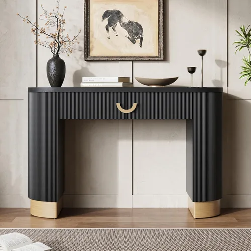Vista 3 de Mesa consola moderna con diseño acanalado vertical, mesa de entrada de almacenamiento compacta con cajón funcional para sala de estar Negro-ww33