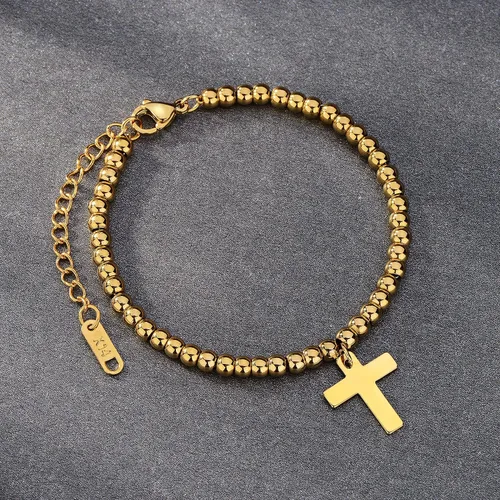 Vista 6 de Pulsera de cuentas de oro de 14 quilates chapada en oro con cruz y cadena de cola ajustable de 2.2in.
