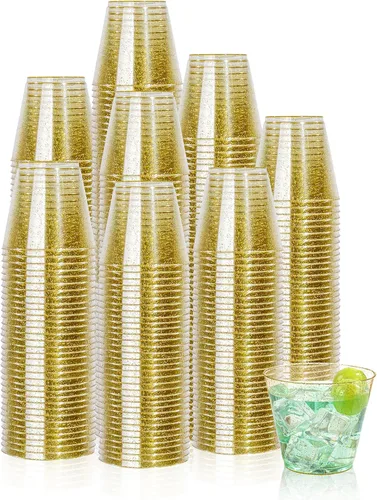 Vista 18 de I00000 Paquete de 100 unidades de vasos de plástico dorado de 12 onzas, vasos desechables con borde dorado, vasos de vino desechables y copas