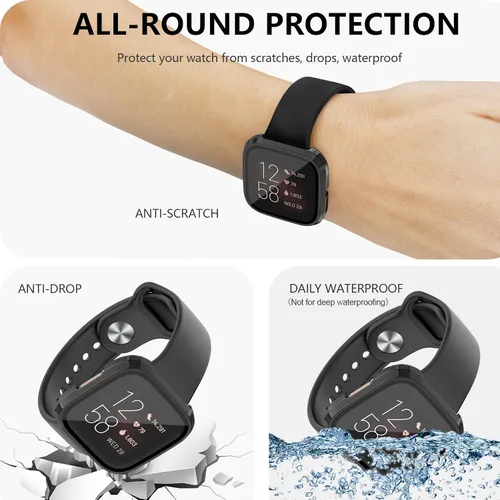 Vista 4 de Tobfit - Protector de pantalla para Fitbit Versa 2 con funda protectora de vidrio templado HD, carcasa rígida de policarbonato de cobertura completa
