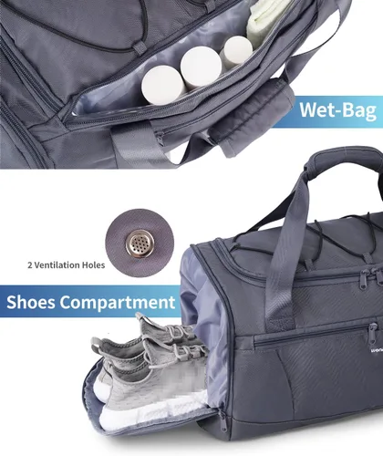 Vista 5 de Sportsnew Bolsa de gimnasio para mujeres y hombres con compartimento para zapatos y bolsillo húmedo, bolsa de deporte con soporte para esterilla