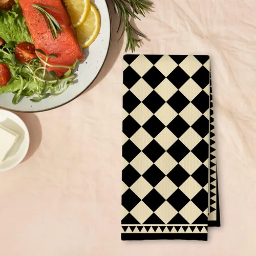 Vista 4 de Toallas de Cocina a Cuadros Neutros Bohemios, Toallas de Cocina y Té a Cuadros Beige y Negro para Decoración de Cocina, Toallas de Mano Retro