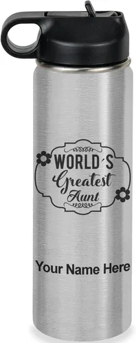 Vista 46 de LaserGram Botella de agua con tapa abatible de doble pared de 12 onzas con pajilla, la tía más grande del mundo, grabado personalizado incluido Negro