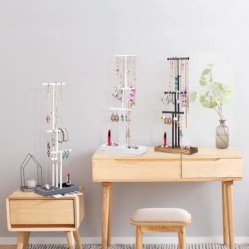 Vista 7 de Love-KANKEI Soporte para árbol de joyería, base de metal blanco y madera, organizador de joyas grande para collares, pulseras, aretes, organizador