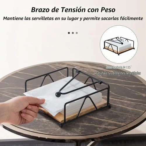 Vista 2 de Servilletero cuadrado – Dispensador de servilletas de mesa duradero con brazo pesado, almacenamiento de servilletas de metal con base de madera