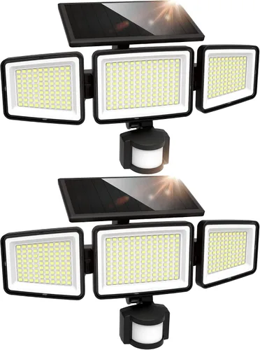 Vista 8 de UME Luces solares para exteriores, 302 LED, 3000 lúmenes, IP65, impermeable, sensor de movimiento, luces de inundación de 3 cabezales, 270 ángulo