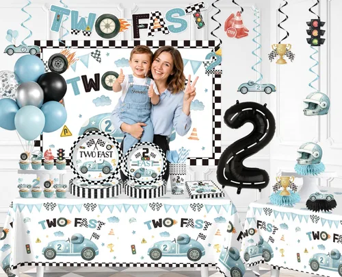 Vista 3 de Juego de vajilla de decoración de cumpleaños Two Fast de 187 piezas para servir a 25 invitados, decoraciones de cumpleaños 2 Fast incluye pancarta
