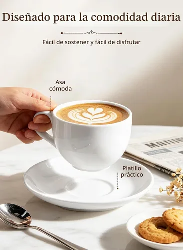 Vista 7 de Juego de tazas de café de porcelana con platillo, taza y platillo de Blanco