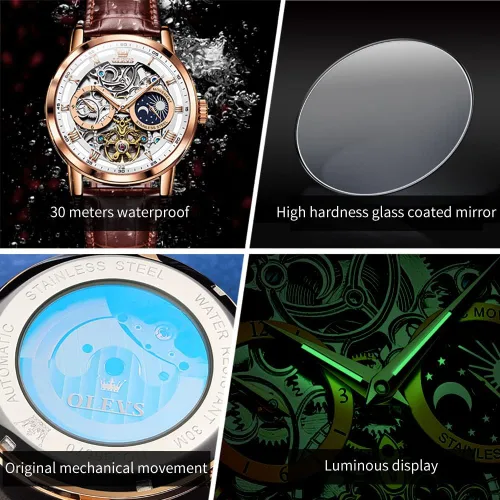 Vista 5 de OLEVS Relojes automáticos para hombre, esqueleto Tourbillon, cuerda automática, mecánica, correa de cuero auténtico, reloj de pulsera de lujo, sol