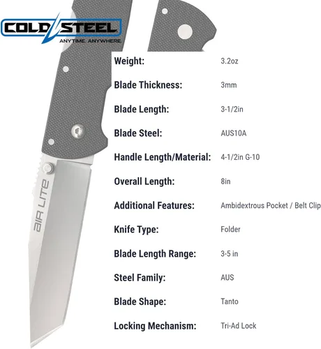 Vista 5 de Cold Steel Air Lite - Cuchillo plegable de bolsillo compacto de 3.5 pulgadas AUS10A con mango G-10 de 4.5 pulgadas, con bloqueo Tri-Ad
