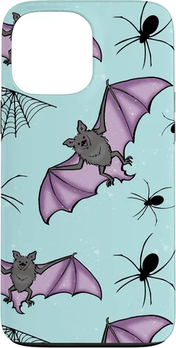 Vista 23 de iPhone 16 lindo vampiro murciélago decoración de Halloween para niñas púrpura y menta caso