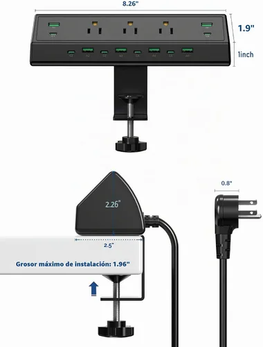 Vista 7 de Jgstkcity Regleta de alimentación con abrazadera de escritorio de 90 W, 12 puertos USB (6 PD 45 W USB-C), protector de sobretensiones, cable