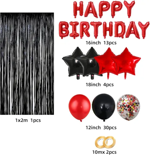 Vista 2 de Decoraciones de cumpleaños para hombres y mujeres, globos negros y rojos, pancarta de feliz cumpleaños, cortina metálica con flecos para fiesta