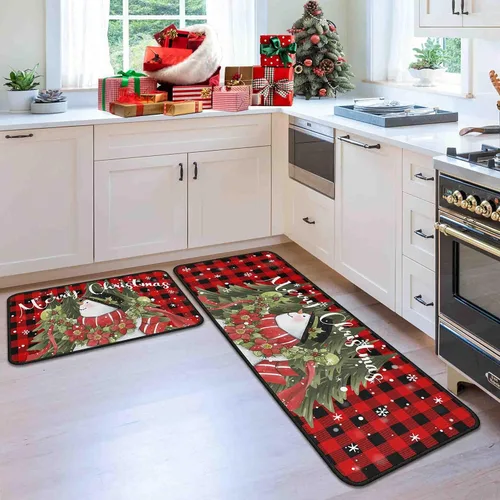 Vista 3 de 2 Piezas Alfombras y Tapetes de Cocina de Navidad para Piso con Base Antideslizante Tapete Feliz Navidad Decoración de Cocina Anti Fatiga