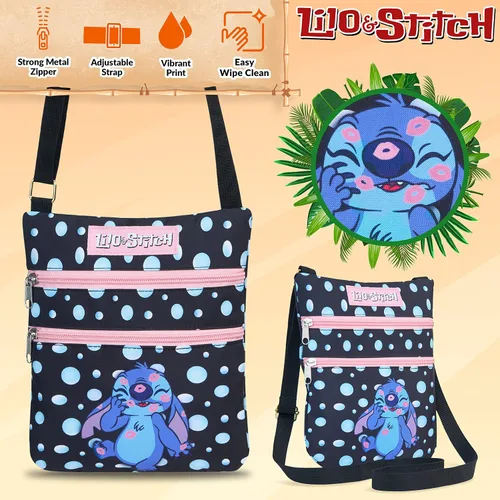 Vista 3 de Bolsos cruzados Disney Stitch para mujeres, adolescentes y niñas, bolso tipo bandolera para compras, vacaciones, regalos para ella Negro
