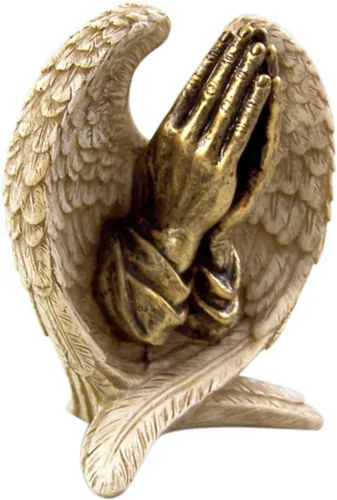 Vista 3 de Estatua de figura de resina fundida de alas de ángel con manos rezando, 5 pulgadas