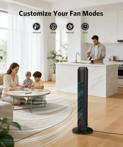 Vista 2 de Ventilador de torre de 36 pulgadas para dormitorio, velocidad de 23 pies/s, ventiladores oscilantes de pie para habitación con 6 velocidades, 4