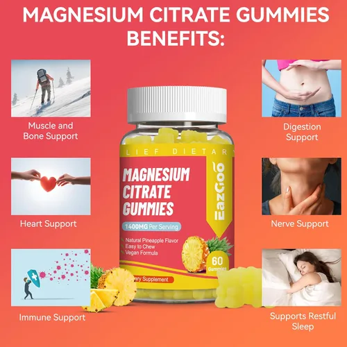 Vista 3 de Gomitas de citrato de magnesio de 1400 mg, gomitas de magnesio de alta absorción para adultos, suplemento de goma de magnesio extra fuerte