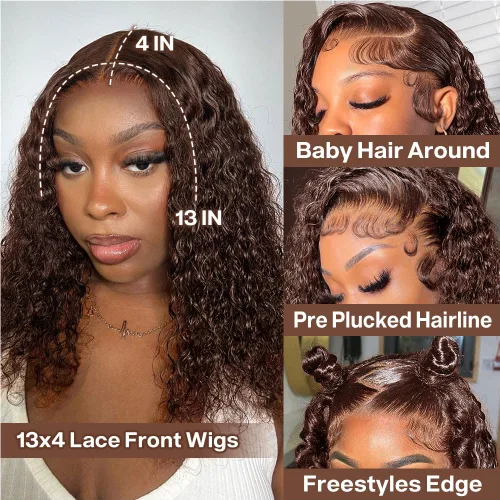 Vista 2 de Pelucas de cabello humano rizado marrón chocolate con encaje frontal, prearrancadas de 13 x 4 pulgadas, pelucas de encaje frontal HD de onda