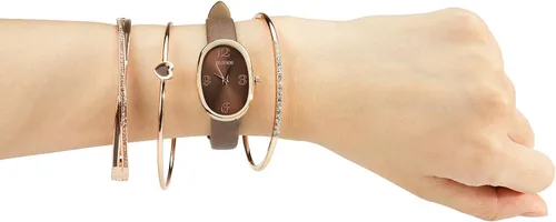 Vista 5 de TIME100 Reloj ovalado para mujer y pulsera acentuada con cristal de primera calidad, correa de cuero