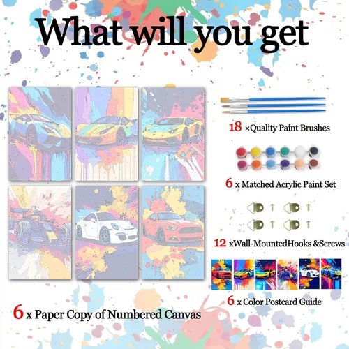 Vista 2 de Aihonmin Paquete de 6 pinturas por números para adultos, amantes de los automóviles, kit de pintura por números, sobre lienzo para principiantes