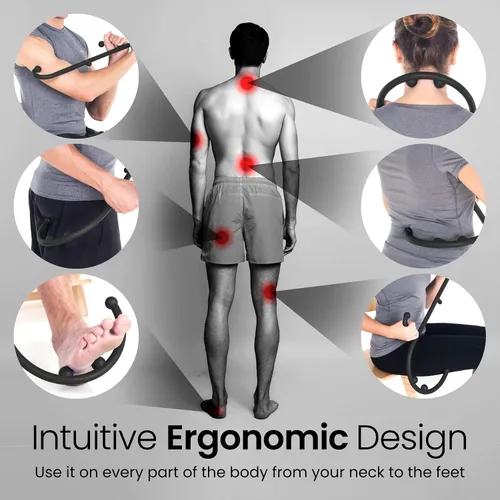 Vista 5 de LiBa Masajeador de espalda y cuello, herramientas de masaje de punto de activación para aliviar el dolor y terapia de gancho de masaje manual negro
