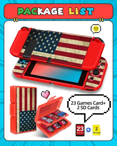 Vista 3 de Gurgitat 4in1 Cool American Flag USA for Nintendo Switch Case Protector, Switch Game Cases Cartridge Storage Boys Men 24 Game Card Holder