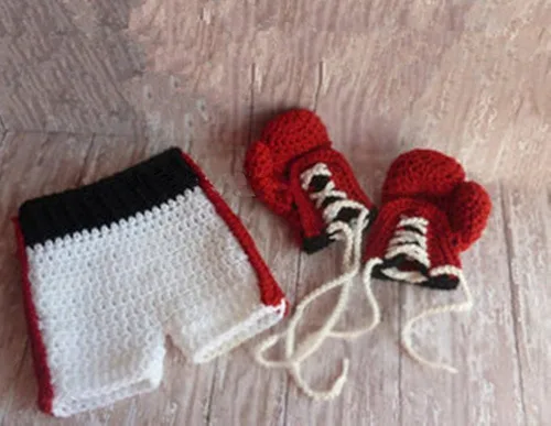 Vista 2 de Pinbo Bebé Foto Fotografía Prop Crochet Traje de punto Boxer Guantes Pantalones Cortos