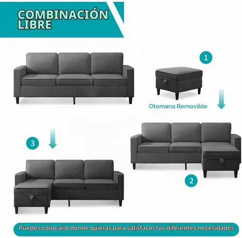 Vista 7 de BALUS Sofás seccionales de 78 pulgadas de ancho para sala de estar, sofá de tela de lino con otomana de almacenamiento, sofá de 3 plazas con Gris