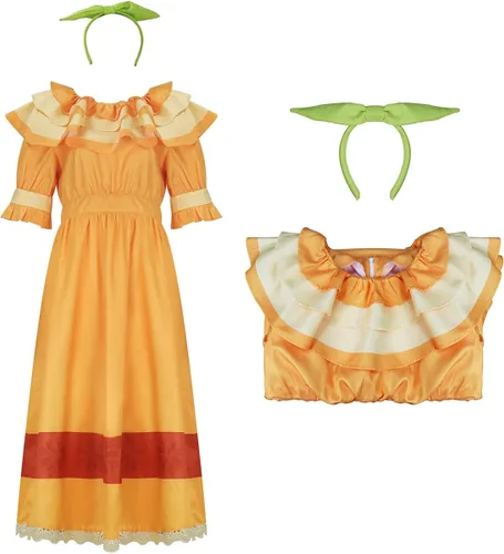 Vista 4 de GAUWEAN Dolores - Disfraz Madrigal, vestido de manga corta para mujer, falda con collar para la cabeza, trajes de Halloween para adultos