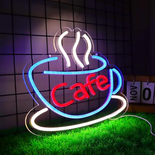 Vista 2 de Letrero de neón para cafetería, bar, decoración de arte de pared azul para sala de estar, luz LED de café, fuente de alimentación USB con cadena