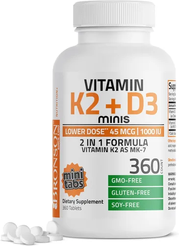Vista 9 de Bronson Vitamina K2 (MK7) con D3 Dosis Más Baja 45mcg Vitamina K2 y 1000 UI Vitamina D3 Fácil de Tragar Mantenimiento Diario Fórmula 2 en 1 Sin OGM