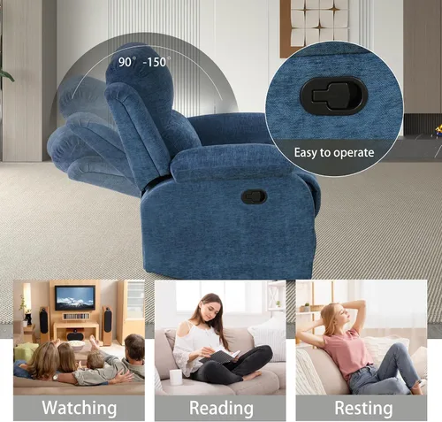 Vista 4 de Juego de sofá reclinable manual para sala de estar, juego de muebles de 3 piezas, sofá reclinable de tela Courduroy y dos sillas con mesa Azul