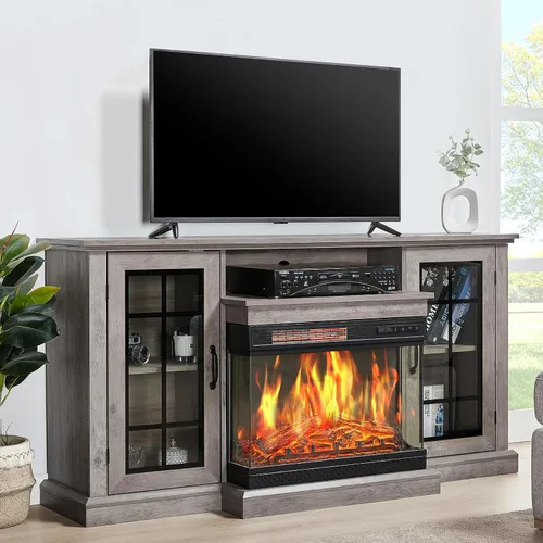 Vista 12 de LUXOAK Soporte de TV con chimenea de 75 pulgadas con chimenea eléctrica de Blanco envejecido